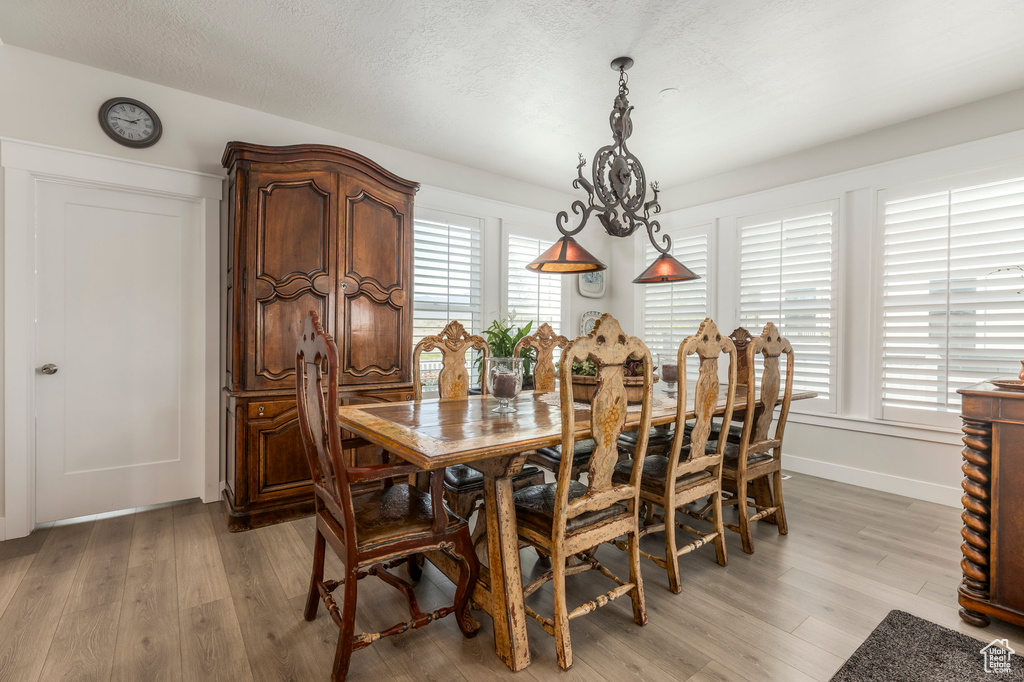 Dining space featuring light wood-type flooring, a textured ceiling, and baseboards