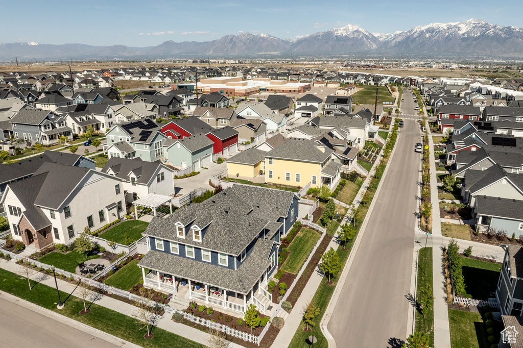 Aerial view of residential area with mountains