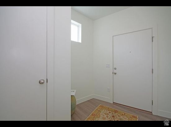 Foyer entrance with light wood-style flooring and baseboards
