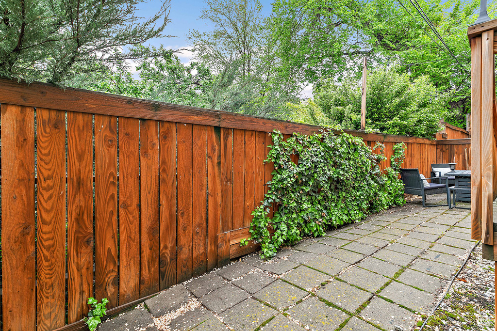View of patio with a fenced backyard