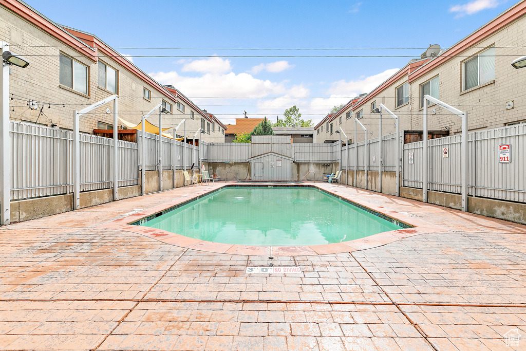 View of pool with a fenced backyard and a patio