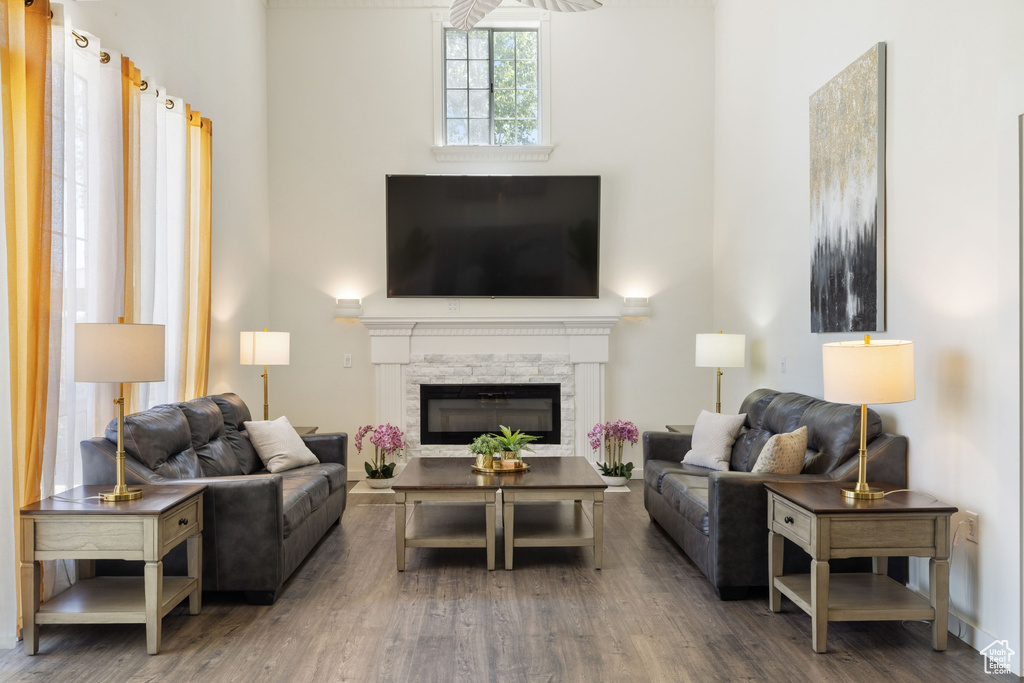 Living room featuring a towering ceiling, wood finished floors, and a glass covered fireplace