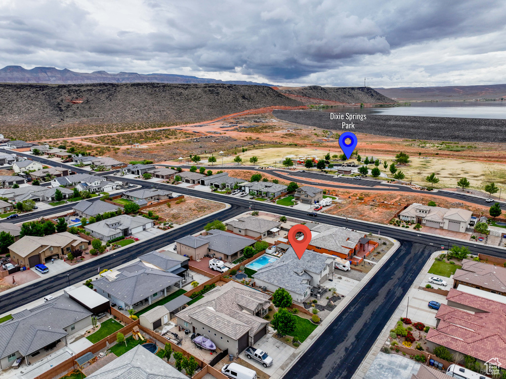 Aerial view of residential area with a water and mountain view