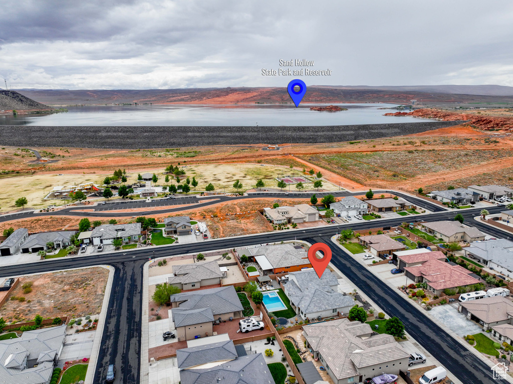 Aerial view of residential area with a nearby body of water