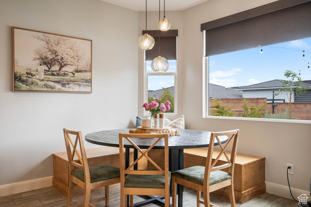 Dining area featuring baseboards, wood finished floors, and breakfast area