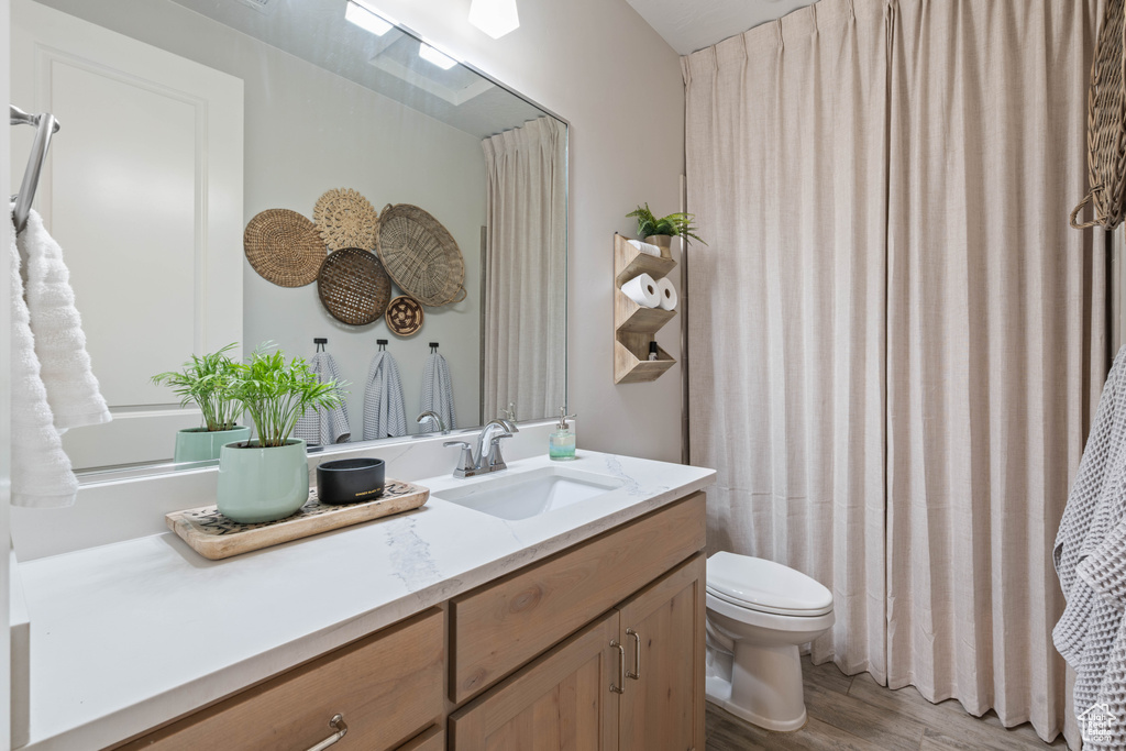 Bathroom featuring wood finished floors, toilet, and vanity