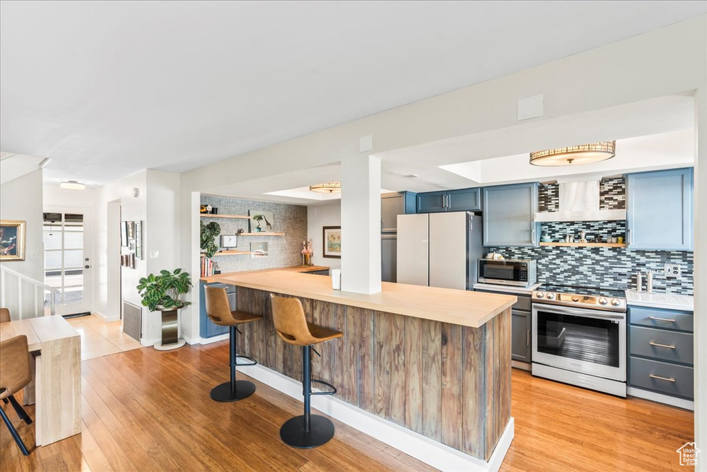 Kitchen with stainless steel appliances, a kitchen breakfast bar, light wood-type flooring, blue cabinets, and tasteful backsplash