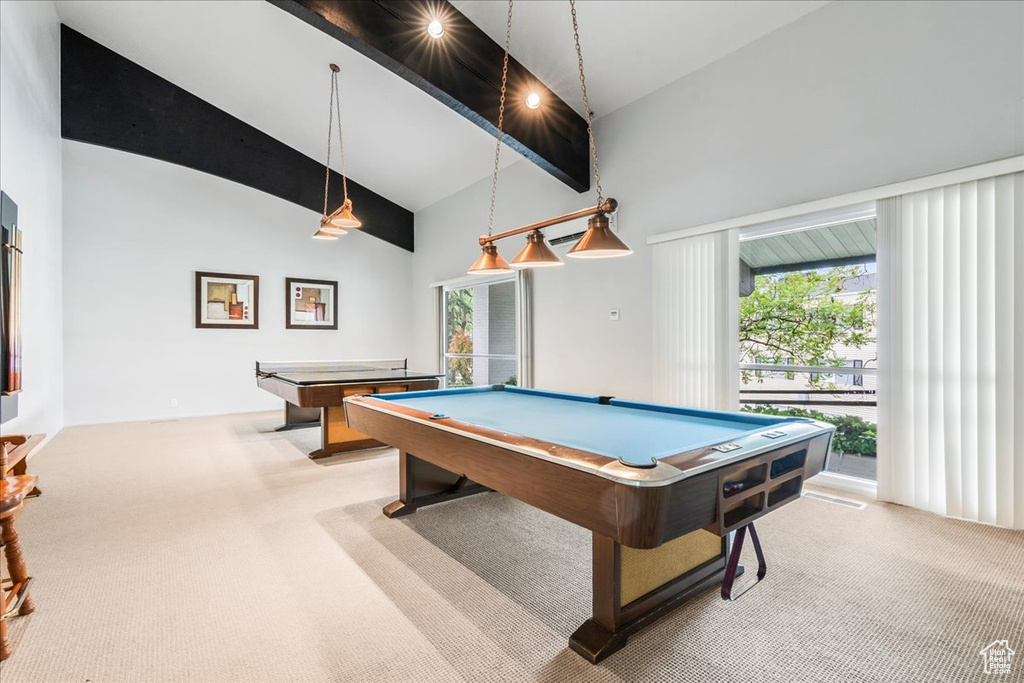 Playroom with carpet floors, high vaulted ceiling, billiards table, beamed ceiling, and healthy amount of natural light