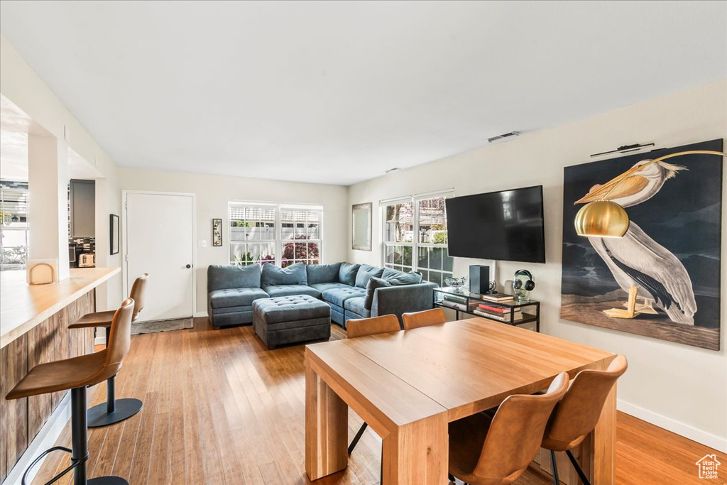Dining area featuring light wood finished floors and baseboards