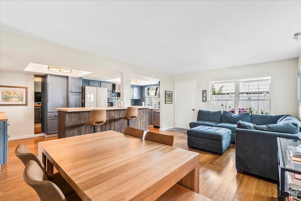 Dining area with light wood-type flooring and baseboards