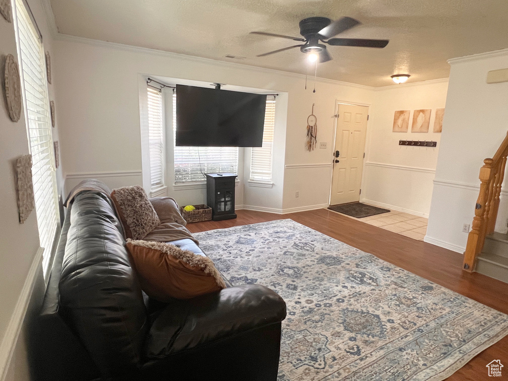 Living room with wood finished floors, a ceiling fan, ornamental molding, and a textured ceiling