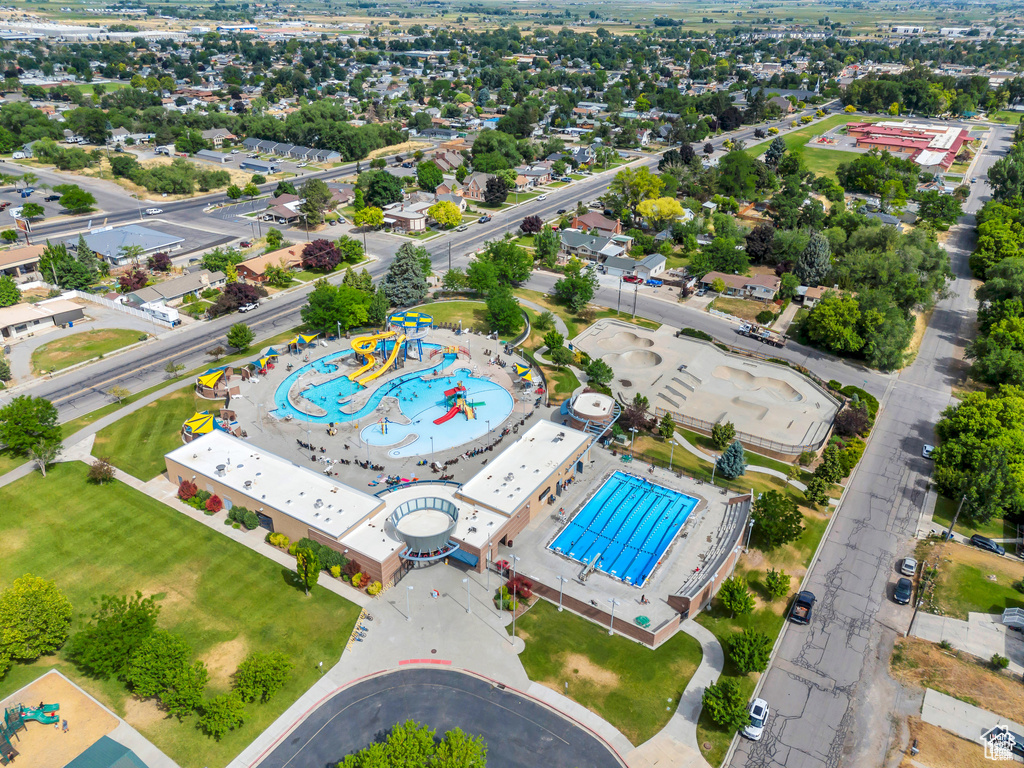 Drone / aerial view of a pool