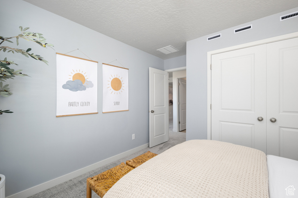 Bedroom featuring light colored carpet, baseboards, a closet, and a textured ceiling