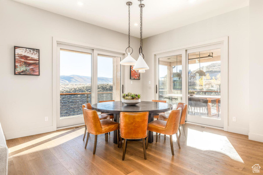 Dining room with light wood-style floors, baseboards, and a mountain view