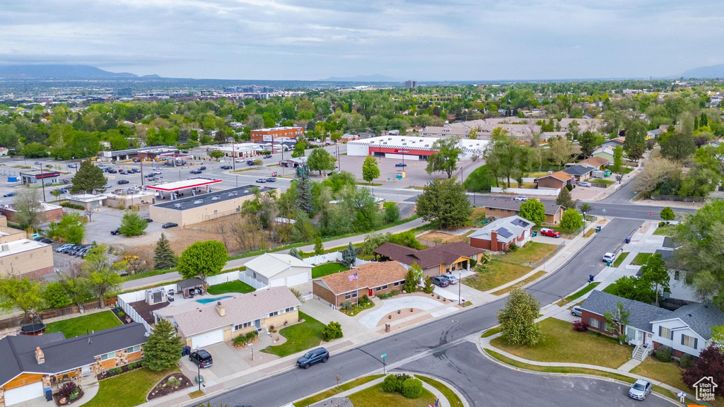 Aerial perspective of suburban area featuring mountains