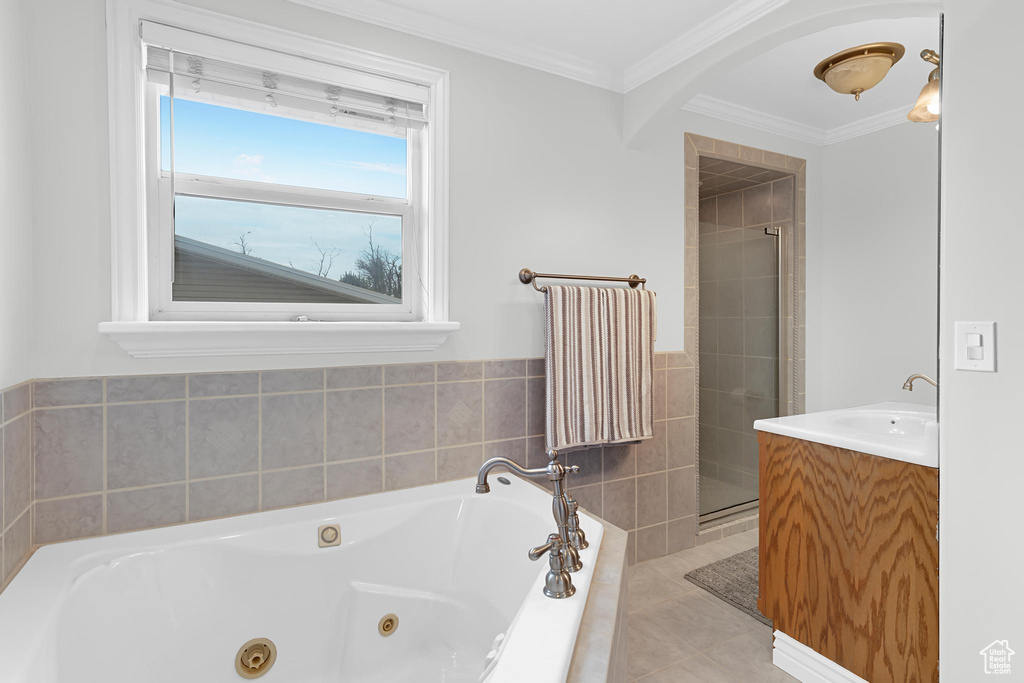 Bathroom featuring a stall shower, a tub with jets, crown molding, and vanity