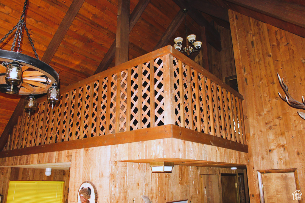 Detailed view of wood walls and beamed ceiling
