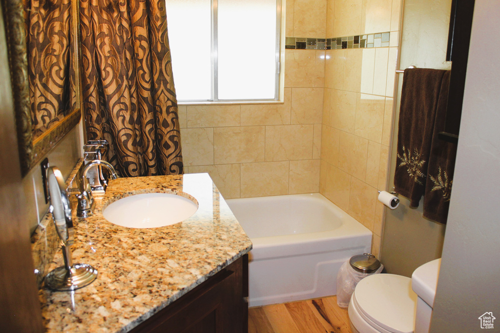Bathroom with wood finished floors, toilet, and vanity