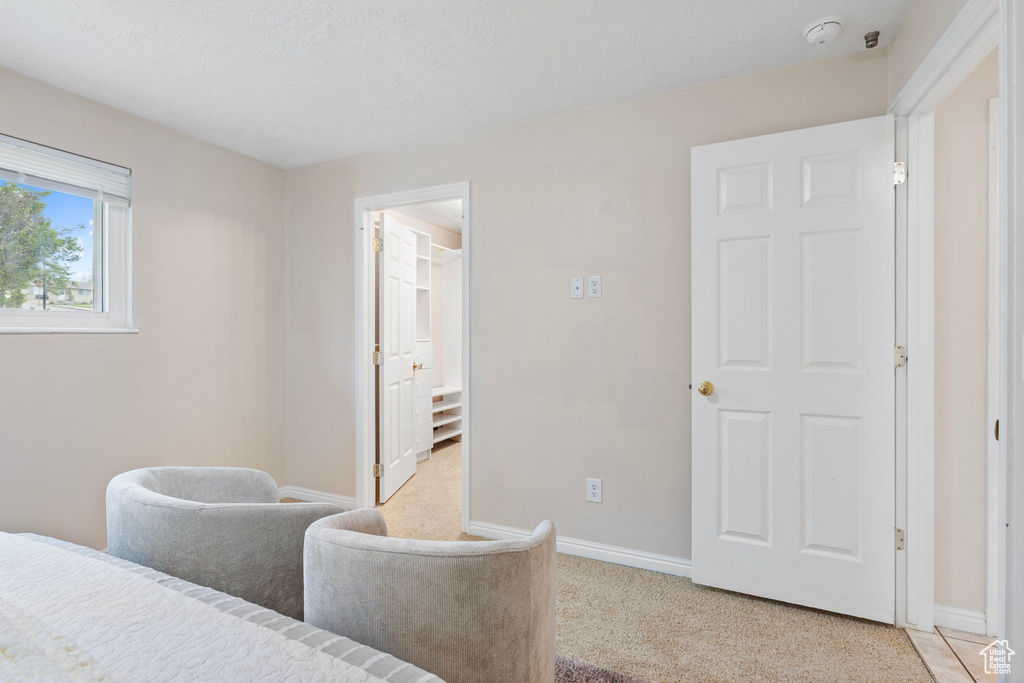 Bedroom with baseboards, light carpet, and a spacious closet