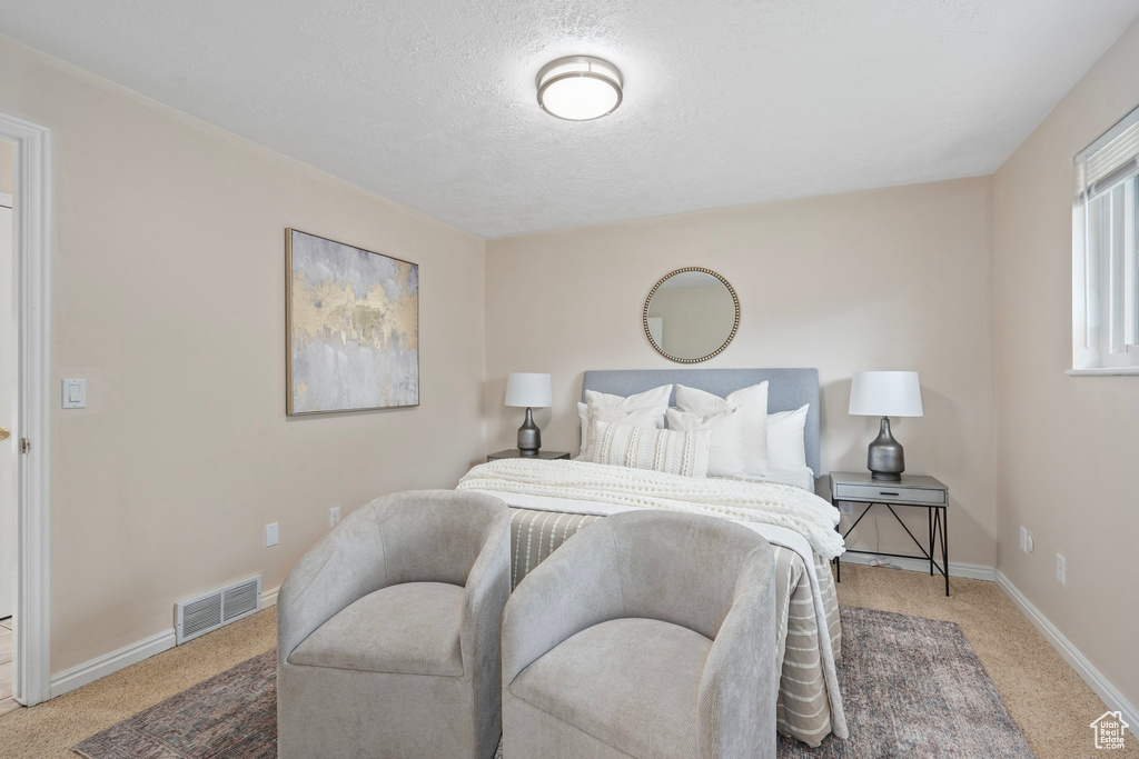 Bedroom with carpet floors, baseboards, and a textured ceiling