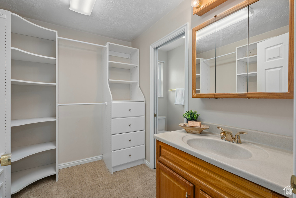 Bathroom with vanity and a textured ceiling