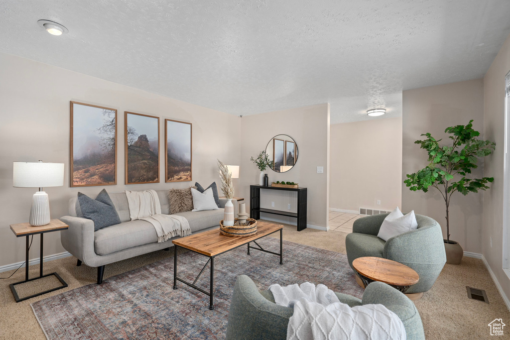 Living area featuring light carpet, baseboards, and a textured ceiling