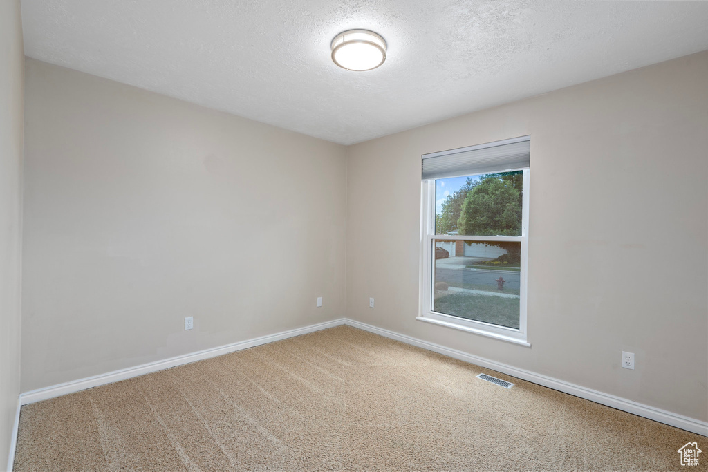 Carpeted spare room featuring baseboards and a textured ceiling