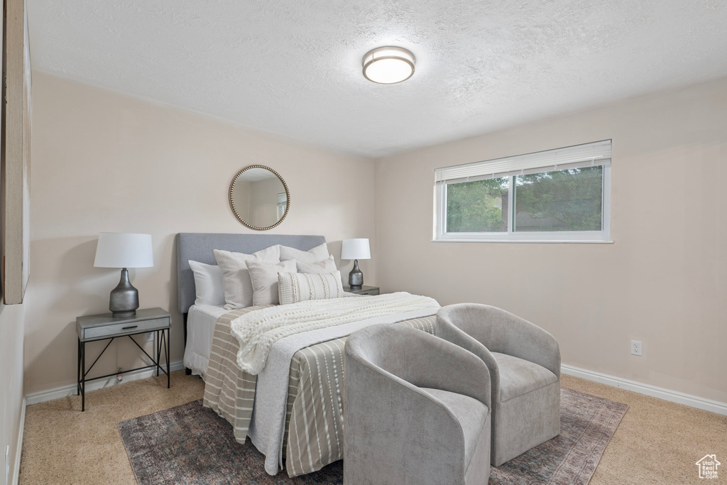 Carpeted bedroom with a textured ceiling and baseboards