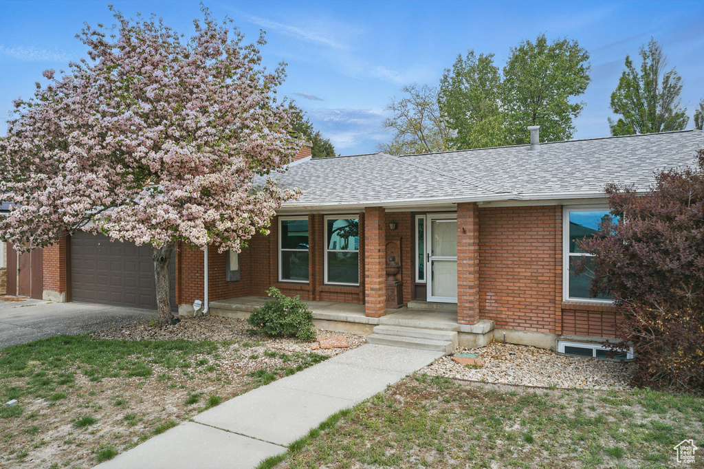 Single story home featuring an attached garage, concrete driveway, roof with shingles, covered porch, and brick siding