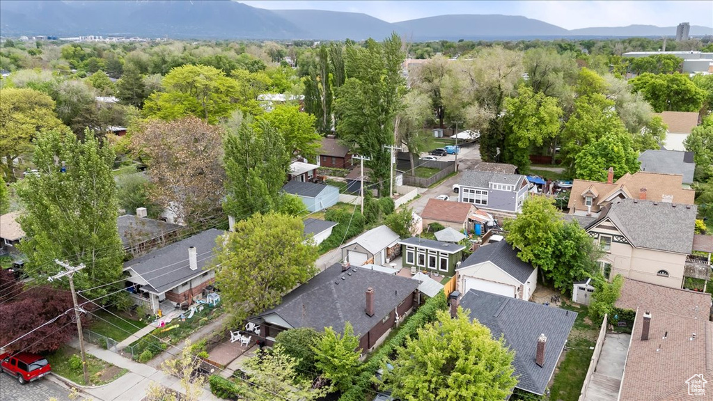 Aerial view featuring a mountain view and a residential view