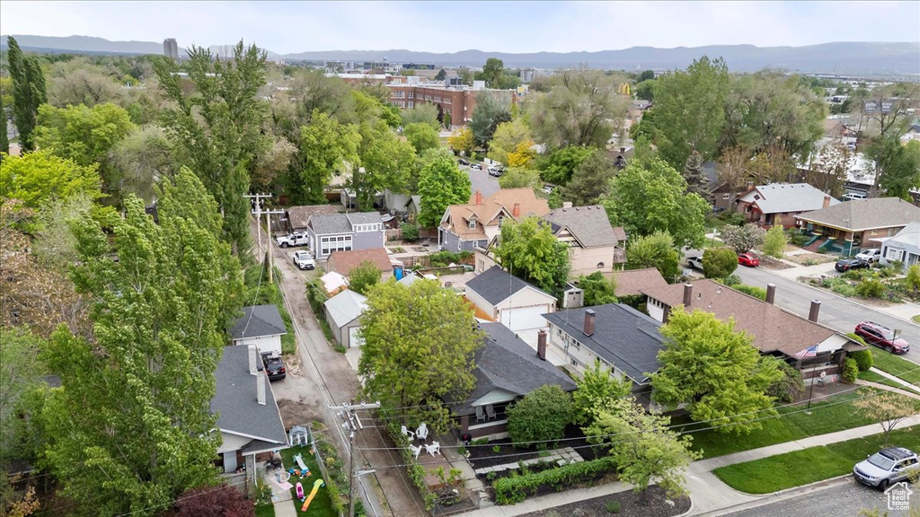 Aerial view featuring a mountain view and a residential view