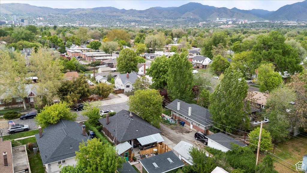 Aerial view featuring a mountain view and a residential view