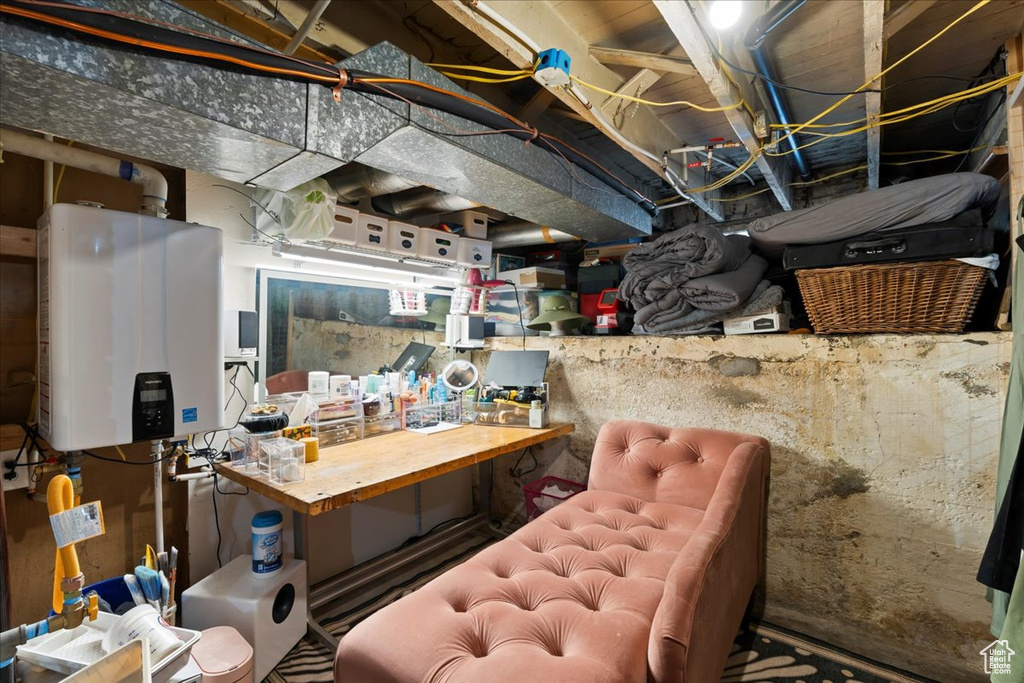Storage area with tankless water heater