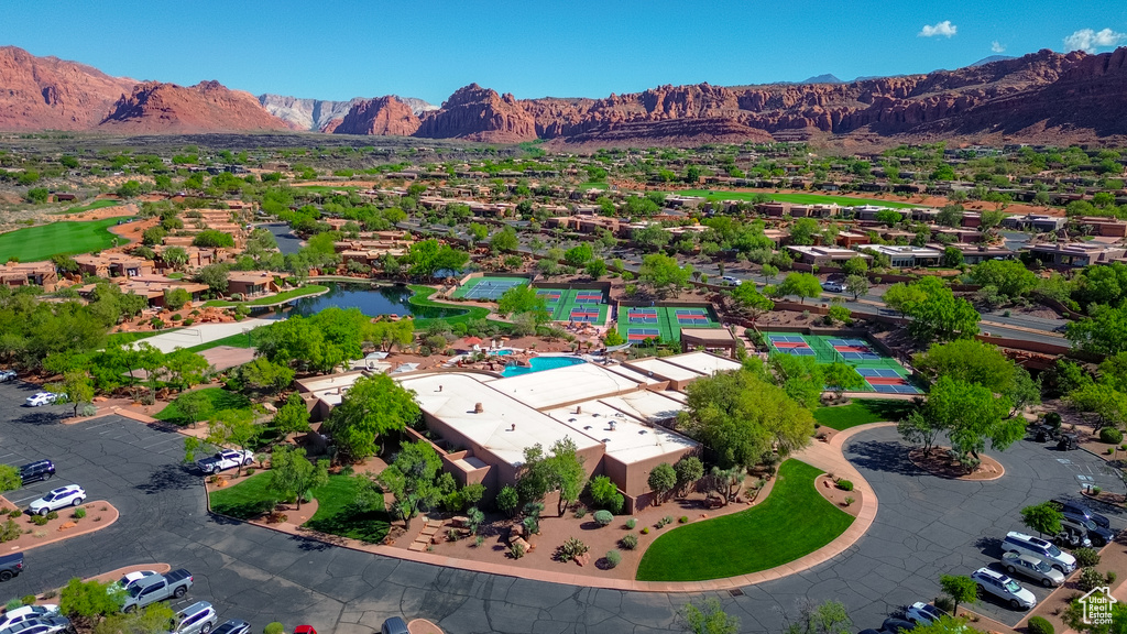 Aerial perspective of suburban area featuring mountains