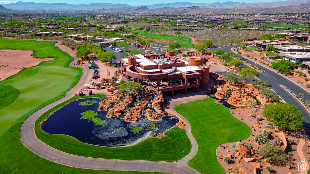 Bird's eye view of a water and mountain view and a local golf course
