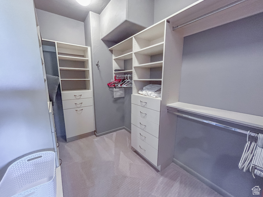 Spacious closet with light carpet