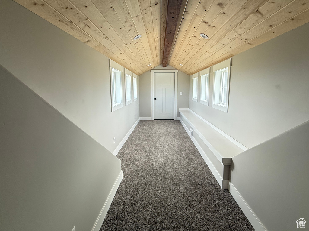 Hallway featuring carpet, healthy amount of natural light, baseboards, and wooden ceiling