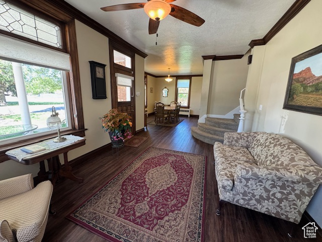 Living room with ornamental molding, wood finished floors, stairs, a ceiling fan, and baseboards