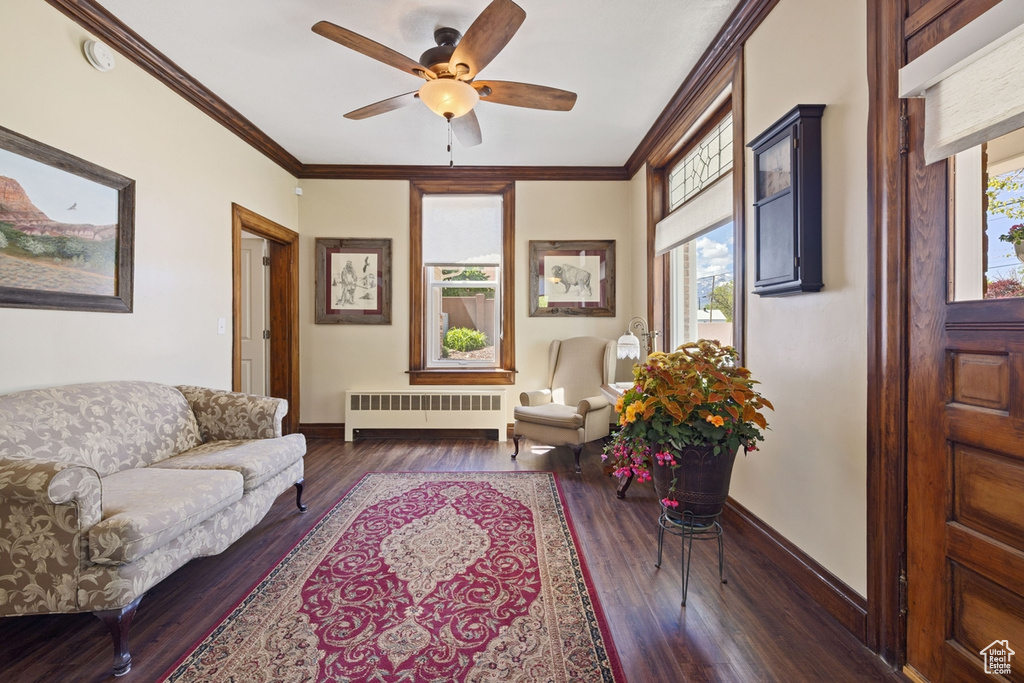 Living room with radiator, baseboards, wood finished floors, ceiling fan, and crown molding