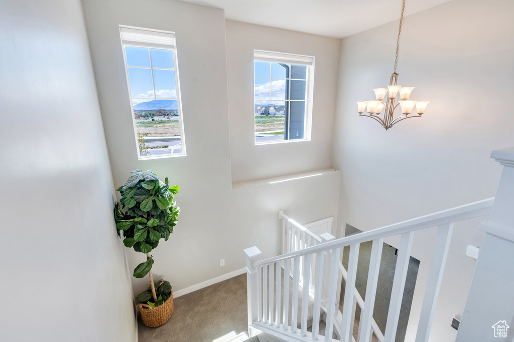 Stairway featuring carpet, a chandelier, and baseboards