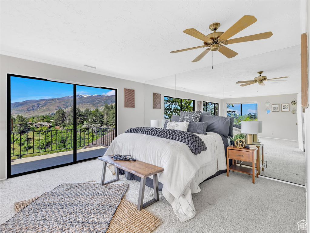 Bedroom featuring access to outside, light colored carpet, a mountain view, a ceiling fan, and baseboards