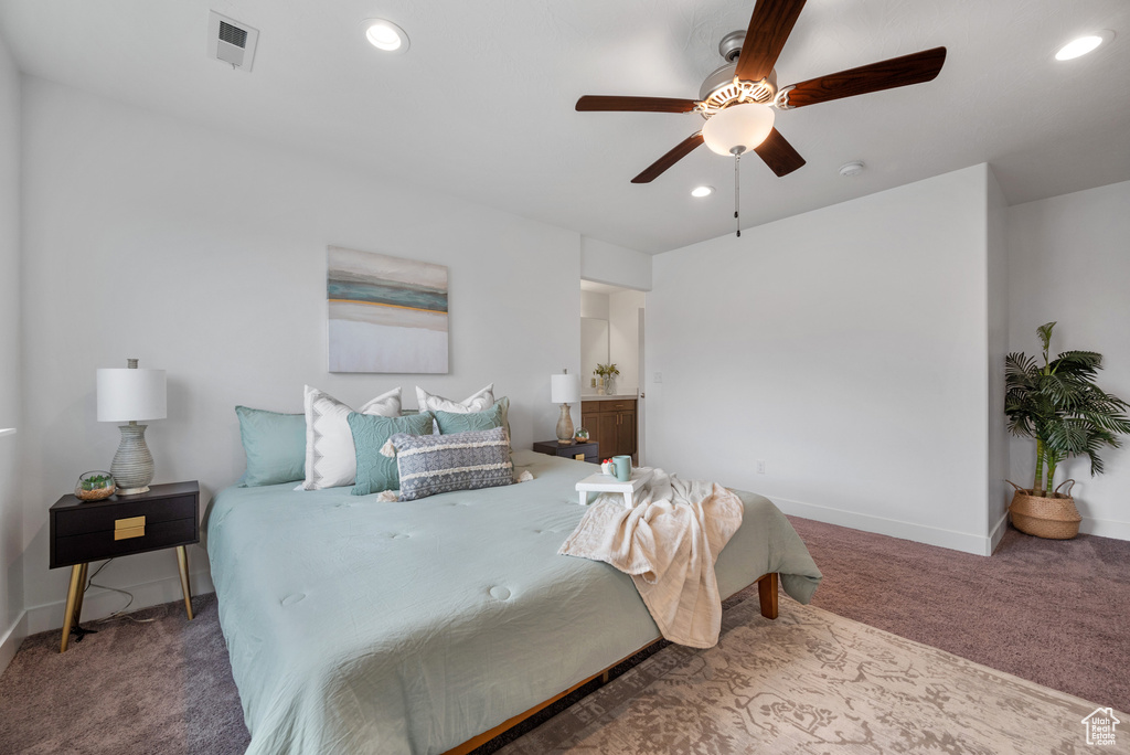Carpeted bedroom with recessed lighting, baseboards, and ceiling fan