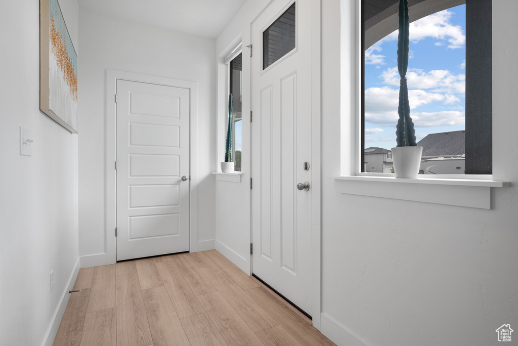 Doorway with light wood-style flooring, baseboards, and plenty of natural light