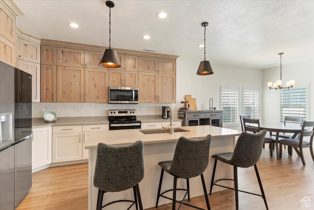 Kitchen with appliances with stainless steel finishes, a sink, decorative backsplash, light wood-type flooring, and a textured ceiling
