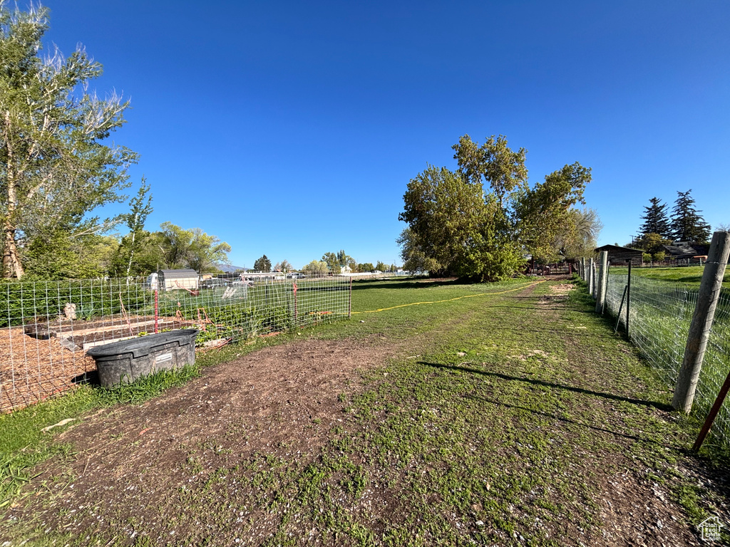 View of yard featuring fence, a vegetable garden, and a view of countryside