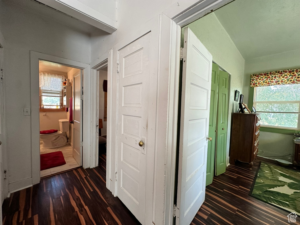 Hallway featuring dark wood-type flooring