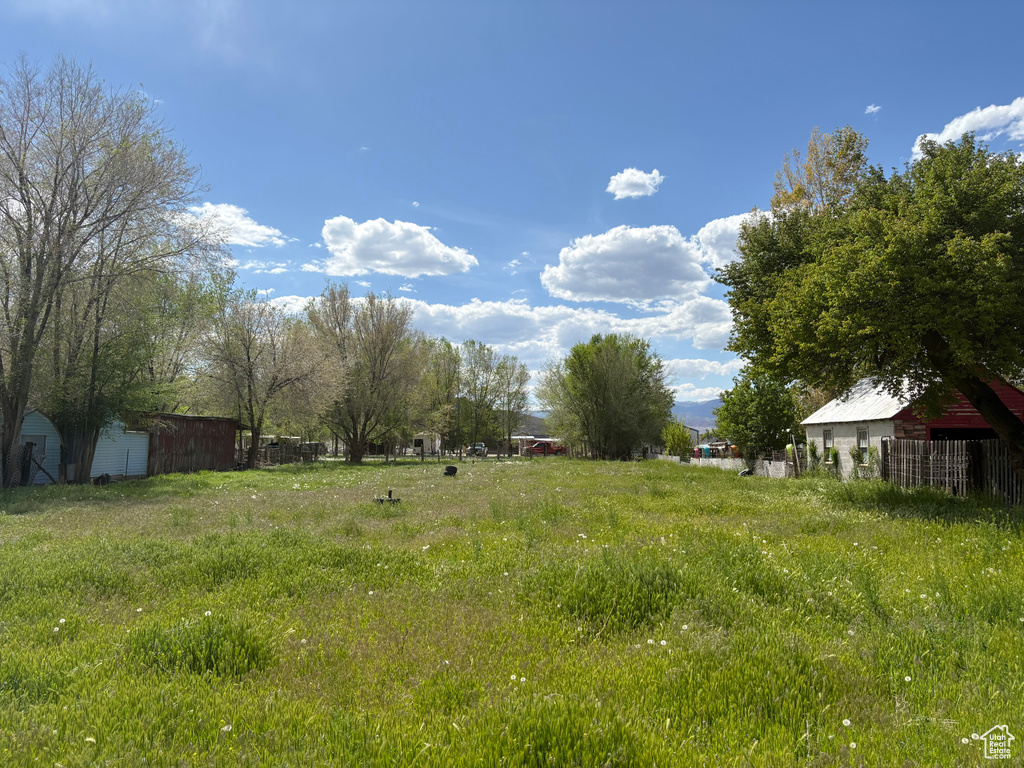 View of yard with a garage