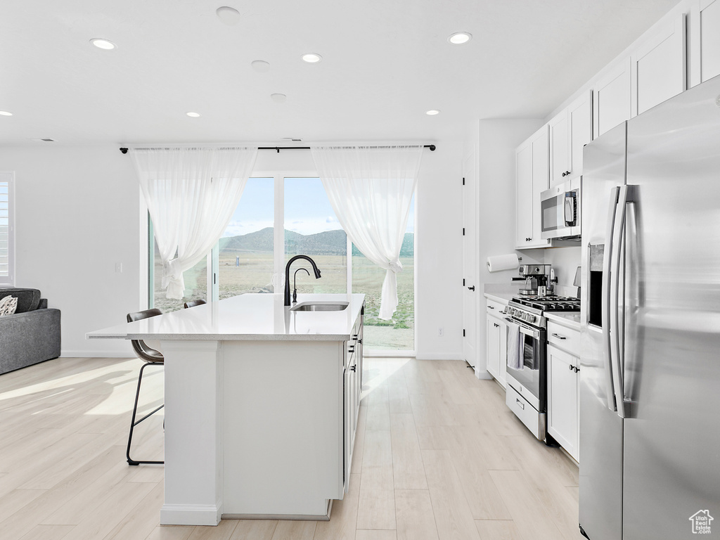 Kitchen with appliances with stainless steel finishes, a center island with sink, healthy amount of natural light, a mountain view, and recessed lighting