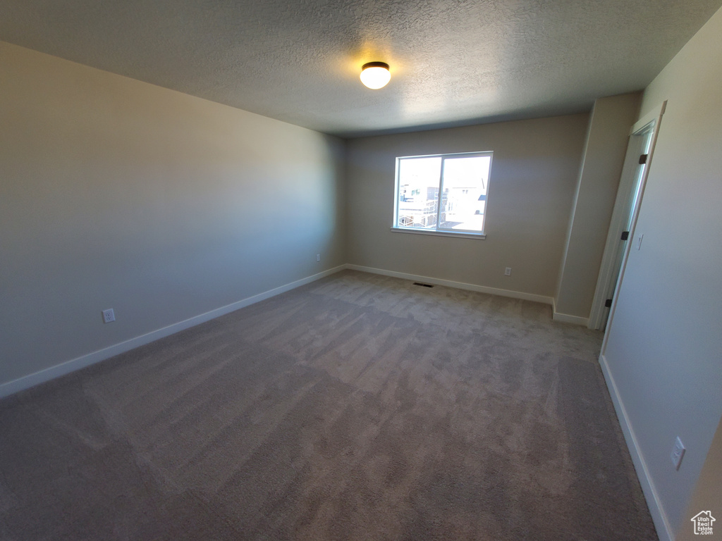 Spare room with carpet, a textured ceiling, and baseboards