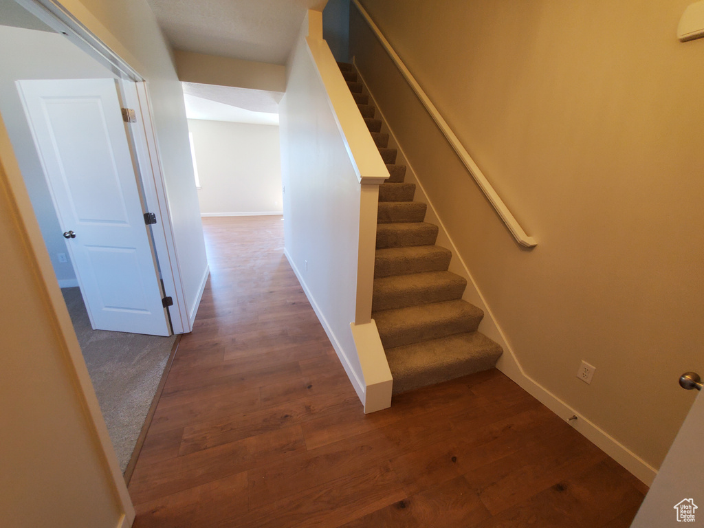 Stairs with wood finished floors and baseboards